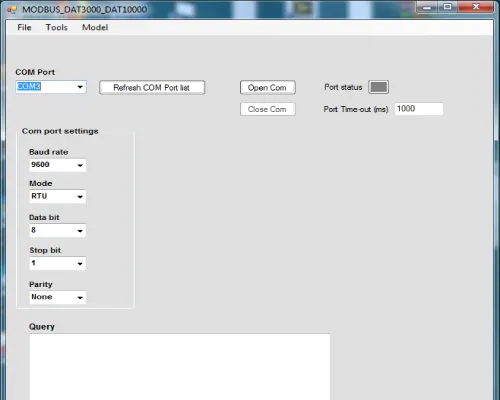 Communication screen for the Modbus 3000-10000 software
